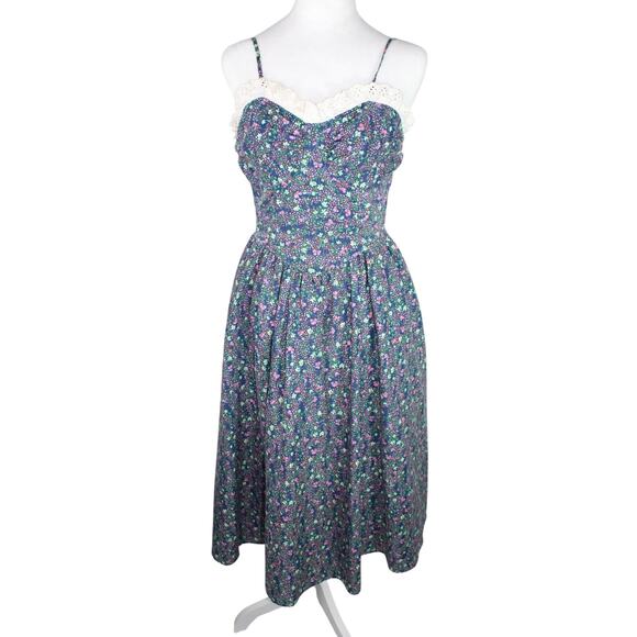 Candi Jones Dresses & Skirts - Vintage Candi Jones Micro Floral Sweetheart Dress Eyelet Lace Ruffle Cami Strap